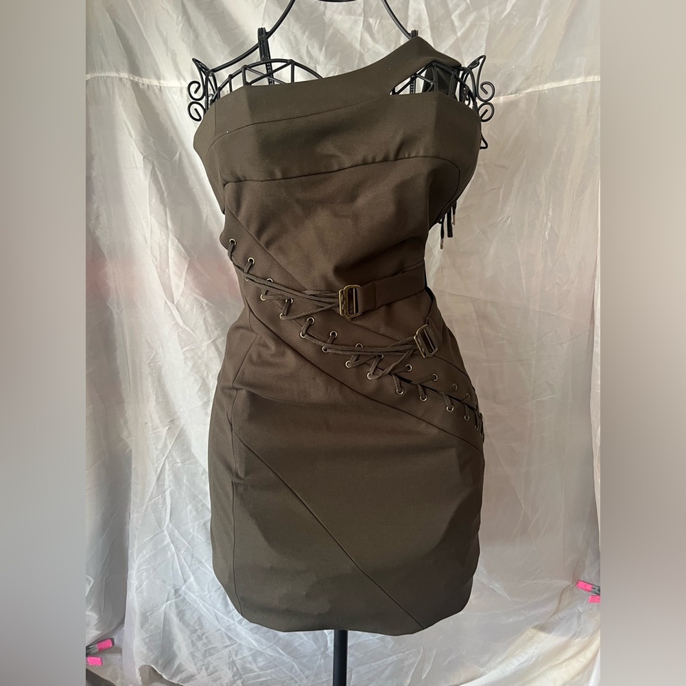 L.A.M.B. Strapless Olive Brown Lace-Up Belted Dress